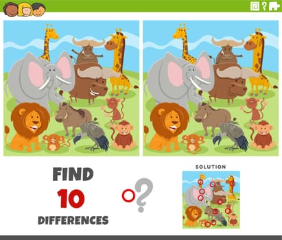 Cartoon illustration of finding the differences between pictures educational game with animal characters