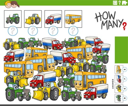 Illustration of educational counting game with funny cartoon vehicles characters