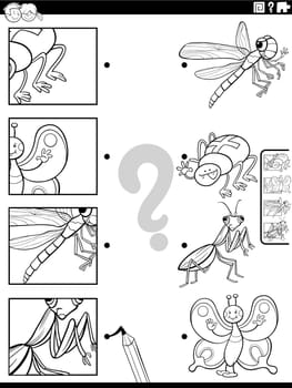 Black and white cartoon illustration of educational matching task with insects animal characters and pictures clippings coloring page