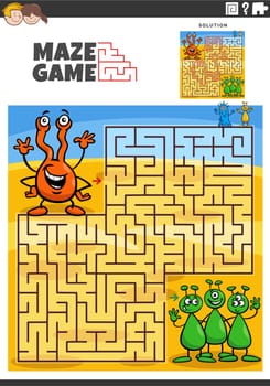 Cartoon illustration of educational maze puzzle activity with funny aliens characters
