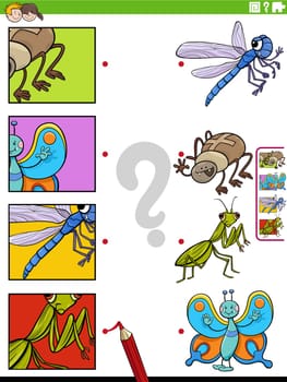 Cartoon illustration of educational matching task with insects animal characters and pictures clippings