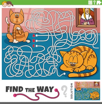Cartoon illustration of find the way maze puzzle game with cats or kittens animal characters