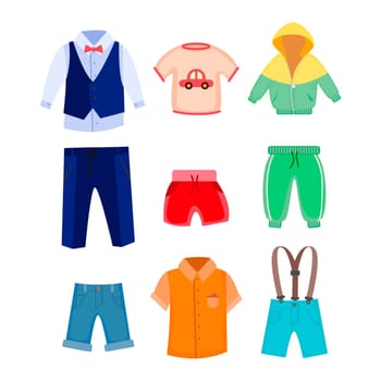Casual and formal clothes for boys vector illustrations set. Jacket, shirts, pants, shorts for male child, summer or spring clothes, pajamas isolated on white background. Fashion, clothing concept