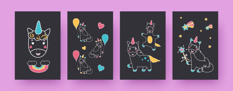 Collection of contemporary posters with adorable unicorns. Balloons, rainbow, stars, hearts vector illustrations, black background. Magic, fairytale concept for designs, social media, postcards