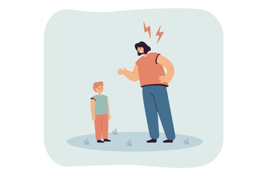 Mother reproaching upset kid flat vector illustration. Angry woman punishing naughty son, scolding child. Family, conflict, parenting, argument, violence concept for banner design or landing page