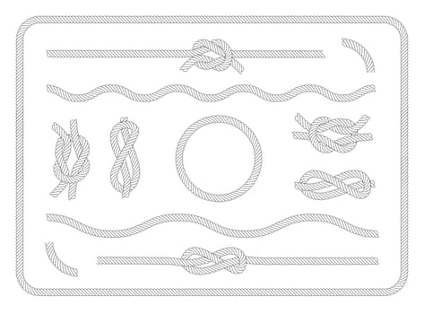 Collection of sailor knots set. Various nautical ropes and knots, circle, border, wavy string. Vintage decorative elements for sea, sailing, marine, yachting topics