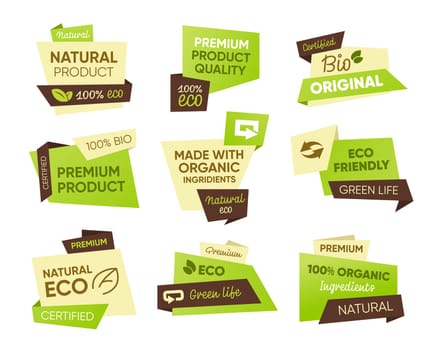 Fresh eco food tags set. Stickers with natural, bio, organic product text samples. Badges templates for healthy food emblems, farm market, vegan or vegetarian diet concept