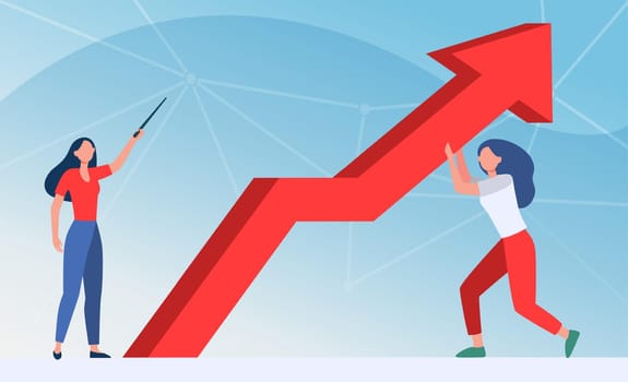 Managers resisting crisis. Woman pointing up, her colleague holding growth arrow flat vector illustration. Business, problem solving, couching concept for banner, website design or landing web page