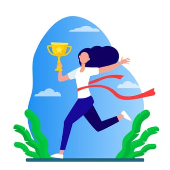 Running woman winning racing. Marathon leader holding cup, crossing line with red ribbon flat vector illustration. Competition, prize, trophy concept for banner, website design or landing web page