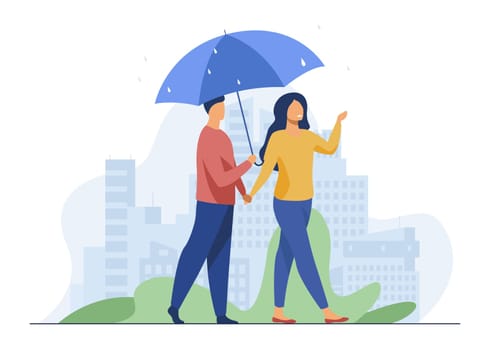 Young couple walking under umbrella in rainy day. City, date, street flat vector illustration. Weather and urban lifestyle concept for banner, website design or landing web page