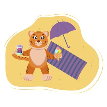 tiger is resting on the beach. With a cocktail and ice cream