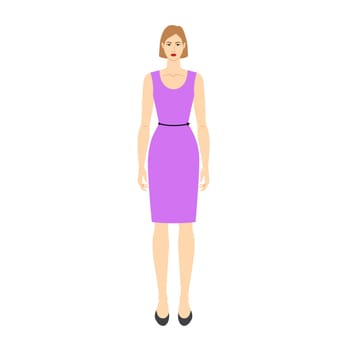 Women to do waist measurement body with arrows fashion Illustration for size chart. Flat female character front 8 head size girl in violet dress. Human lady infographic template for clothes