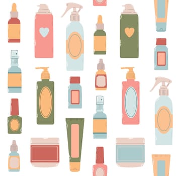 Seamless pattern of different bottles, flacons, sprays for design cosmetic products in colorful flat vector illustration. Cosmetology, dermatology, podology
