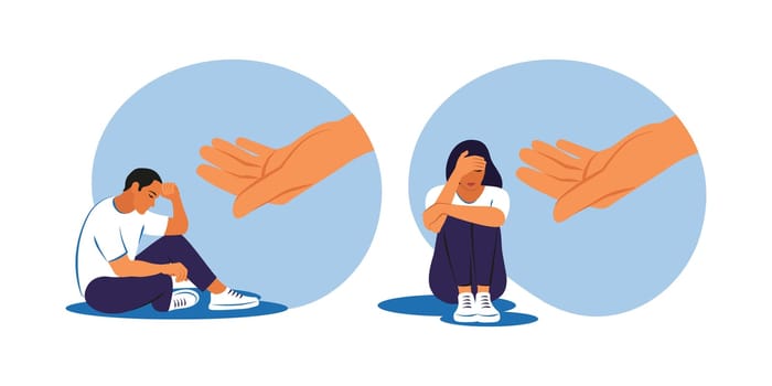 Psychotherapy, help and support, a counseling session concept. Sad man and woman getting help and cure from stress. Helping hand. Vector illustration.