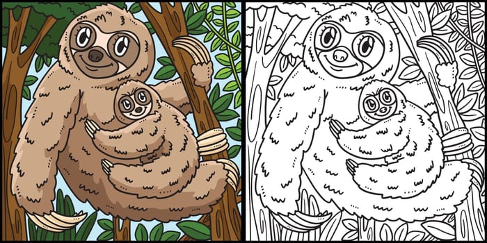 This coloring page shows a Mother Sloth and Baby Sloth. One side of this illustration is colored and serves as an inspiration for children.