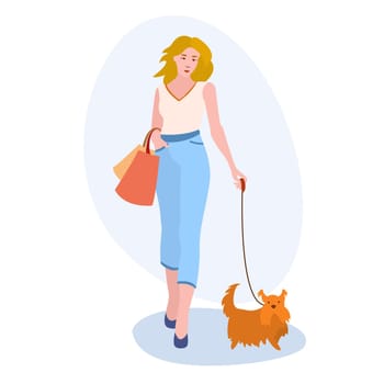 Woman With Small Dog illustration. Girl, bag, pet, leash. Creative editable vector graphic design.