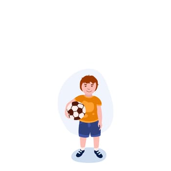 Small Boy With Ball illustration. Kid, ball, t-shirt, shorts. Creative editable vector graphic design.