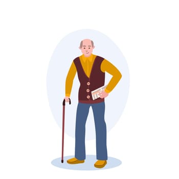 Old Man With Cane illustration. Man, pensioner, stick, newspaper. Creative editable vector graphic design.