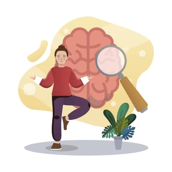 Mental health illustration. Girl, brain, magnifier, flower. Creative editable vector graphic design.