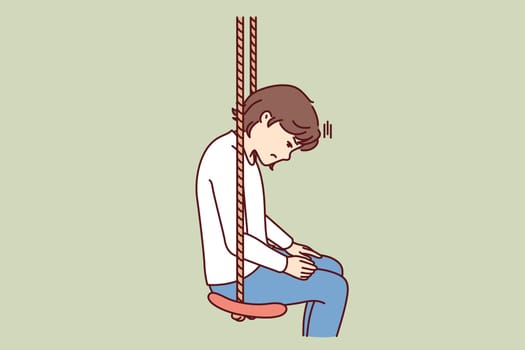 Little girl is sad sitting in swing due to lack of friends or long wait of parents from work. Lonely preteen girl needs friends and peers after moving house and moving to new school