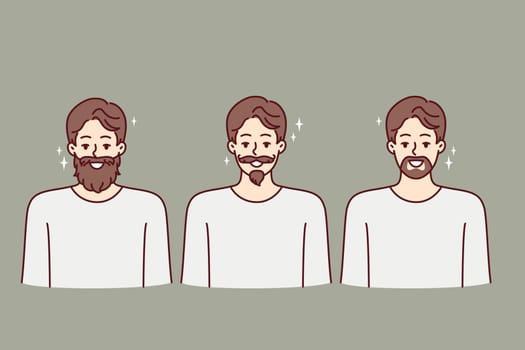 Men with different style mustaches and beards for advertising hipster barbershop or beauty salon. Hipster boys smiling showing off youthful haircut and trendy beard made in barbershop