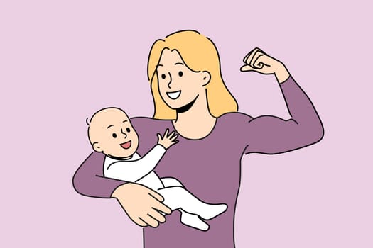 Smiling powerful mother showing bicep holding newborn baby on arms. Happy strong mom with child in hands. Motherhood and heroism. Vector illustration.