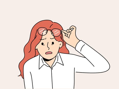 Shocked woman take off glasses astonished with news or message. Surprised female amazed with unbelievable notification. Vector illustration.