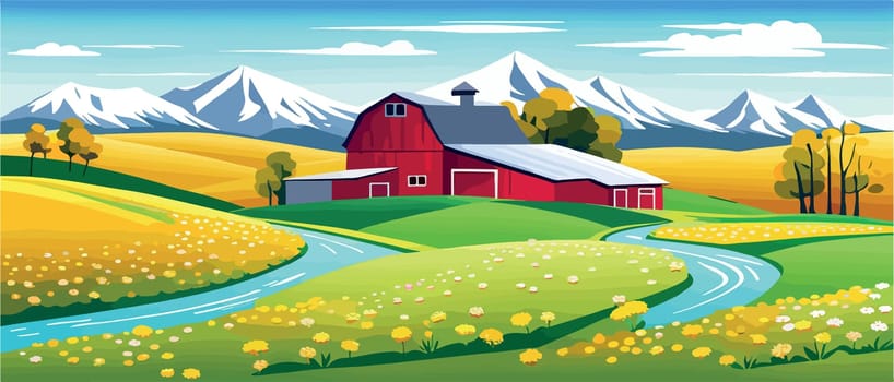 Landscape of green fields of farmland, barns and farms, rural houses. Vector grassland with buildings, green grass, meadows and trees, blue sky in the background. Agriculture