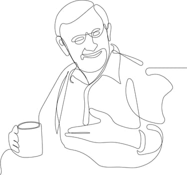 Continuous one line drawing of a relaxed senior gentleman old man drinking tea. Minimal outline concept for yuor design. Vector illustration