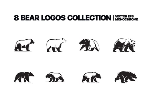 Monochrome illustrations of stylized bears. Pictures set for logos or badges design. Vector bear animal, wild mammal monochrome silhouette. Vector illustration