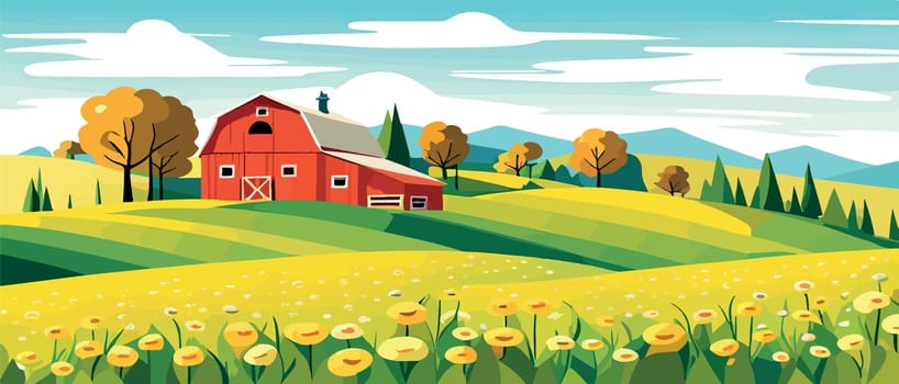 Landscape of green fields of farmland, barns and farms, rural houses. Vector grassland with buildings, green grass, meadows and trees, blue sky in the background. Agriculture