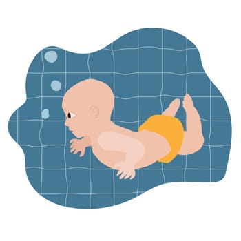 Baby swims in a pool. Cartoon baby dives under the water. Vector illustration