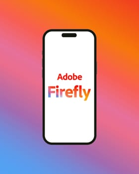 Kyiv, Ukraine - 03 June 2022: Adobe Firefly logo on Iphone 14 screen - vector illustration. Adobe has announced the release of its AI Art Generator tool. Firefly is generative artificial intelligence