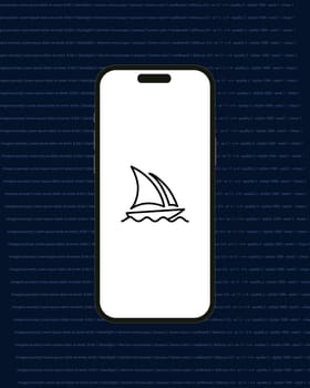 Kyiv, Ukraine - 03 June 2022: Boat Midjourney logo on Iphone 14 screen and background with random codes - vector illustration. Midjourney is a artificial intelligence app that creates images from text