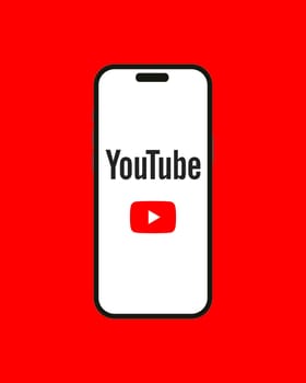 Kyiv, Ukraine - 03 June 2022: Red Youtube logo on Iphone 14 screen - vector illustration. Youtube app from Google is a American online video sharing, hosting and social media platform, and streaming