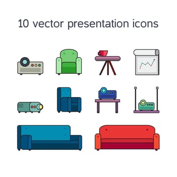 Office work icons set of projector, board bollard and comfortable seats for multimedia presentation sessions in modern style. Vector