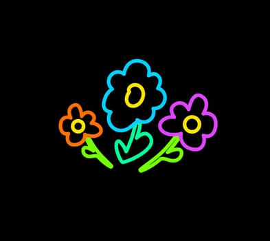Declarative hand drawn bouquet of fresh spring flowers with neon bright felt tip pens on dark black backdrop. Party icon for design of card or invitation. Doodle hand drawn illuminated vector on black