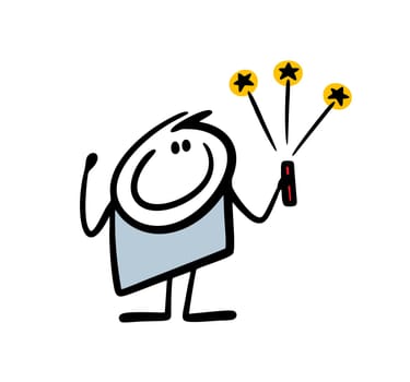 Satisfied stickman holds a firecracker and launches a salute into the sky. Vector illustration of dangerous entertainment for the holiday. Cartoon image isolated on white background.