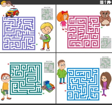 Cartoon illustration of educational maze puzzle games set with comic children characters