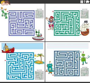 Cartoon illustration of educational maze puzzle games set with funny characters