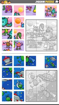Cartoon illustration of educational jigsaw puzzle games set with fantasy characters