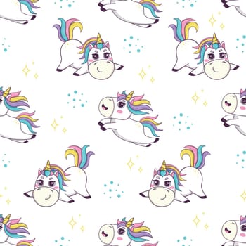 Seamless pattern with cute kawaii unicorn with rainbow mane and horn in anime style jumping
