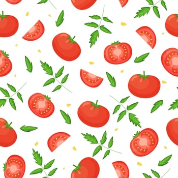 Seamless food pattern of cute tomato on white background with leaves. Backdrop for wallpaper, print, textile, fabric, wrapping. Vector illustration.