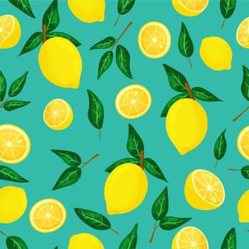Seamless pattern of citrus cartoon lemon fruits on a turquoise background. Backdrop for wallpaper, print, textile, fabric, wrapping. Vector illustration