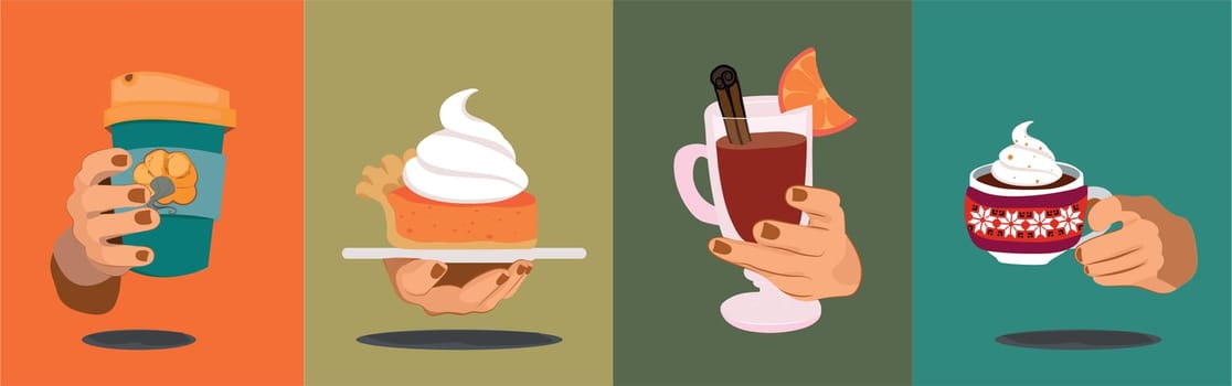 Autumn hot drinks collection. Hot chocolate, pumpkin spice coffee, cocoa with whipped cream and marshmallows, tea. Autumn holidays banner design. Vector illustration