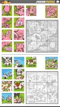 Cartoon illustration of educational jigsaw puzzle activities set with pigs and cows farm animal characters group