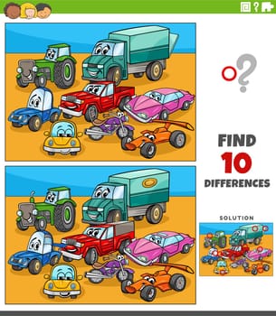 Cartoon illustration of finding the differences between pictures educational game with cars and vehicles characters group