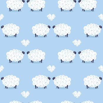 Cute sheep vector seamless pattern kids sweet dreams illustration on blue background. Baby shower background. Child drawing flat style white sheep. Kids design for fabric and decor.