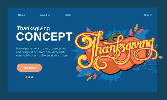 Happy Thanksgiving holiday vector design template for websites, posters, banners. Happy Thanksgiving with traditional food, turkey, pies, pumpkins and fruits. Vector website template