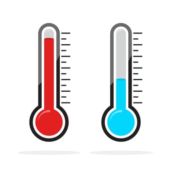 Thermometers icons with different levels. Vector illustration. Blue and red thermometer indicators in flat style